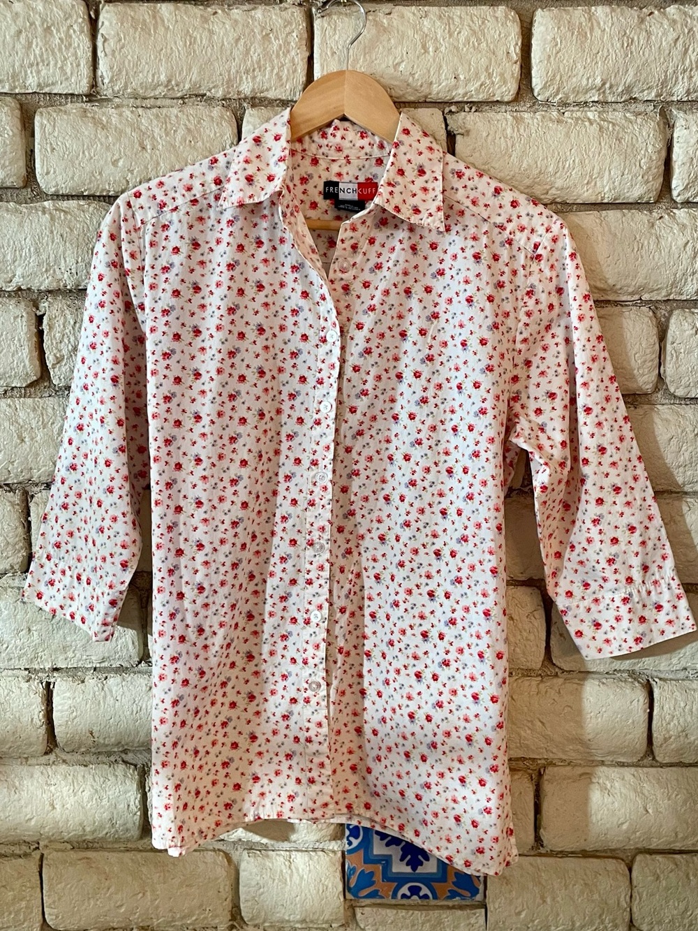 French‎ Cuff Cotton Button Down Shirt 3/4in Sleeves Women's Size Small